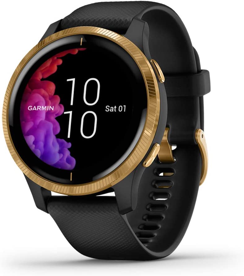 Garmin 010-02173-31 Venu, GPS Smartwatch, Bright Touchscreen Display, Features Music, Body Energy Monitoring, Animated Workouts, Pulse Ox Sensor and More, Gold with Black Band