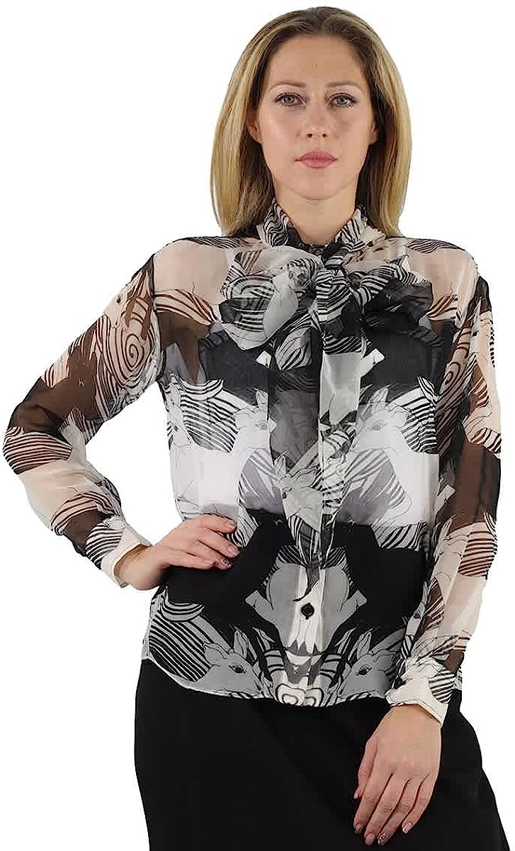 Burberry Ladies Monochrome Deer Print Silk Chiffon Pussy-bow Blouse, Brand Size 2 (US Size 0)