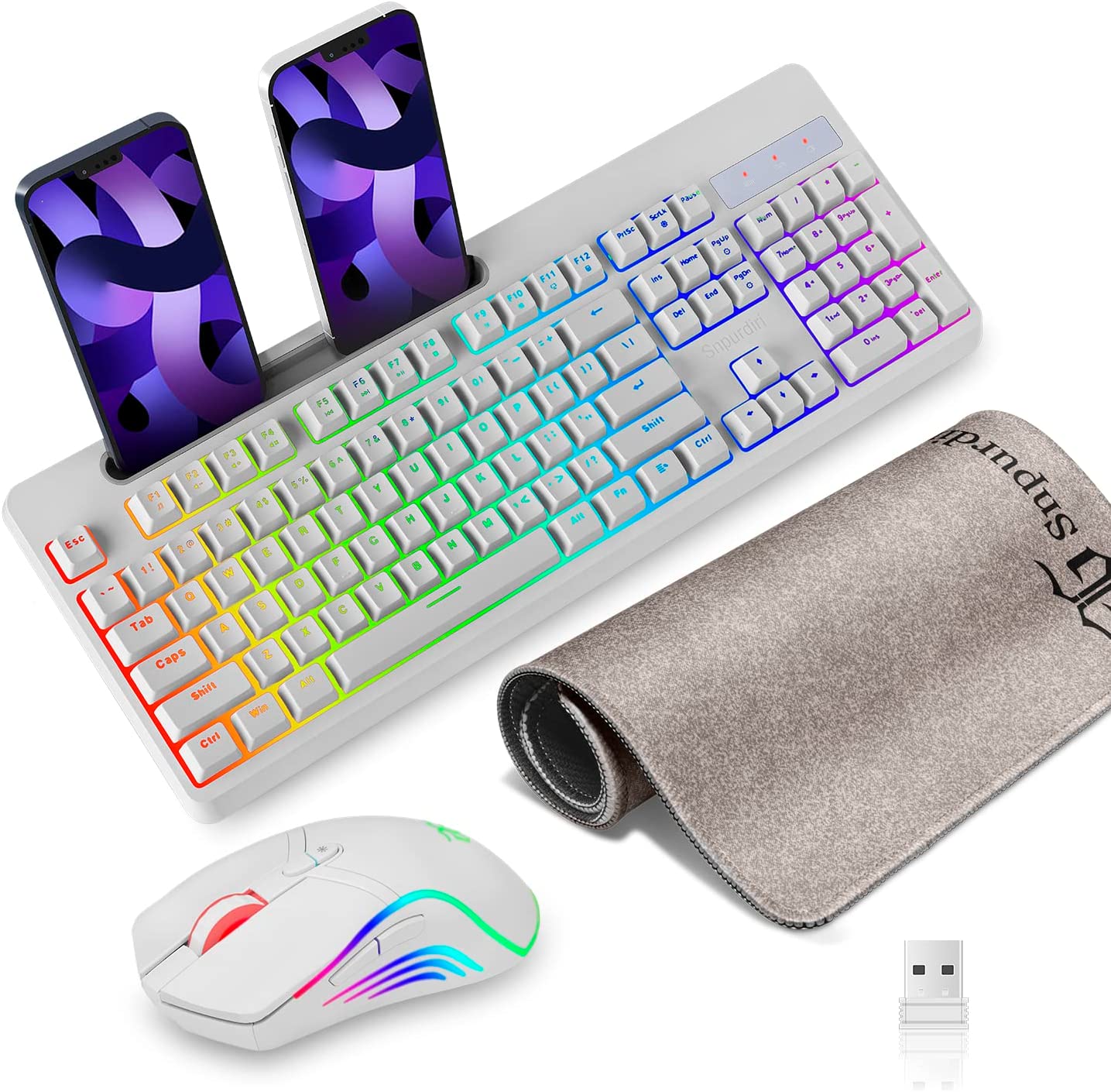Wireless Gaming Keyboard and Mouse Combo,Snpurdiri True RGB Rechargeable Full Size Anti-ghosting Keyboard with Tablet/Phone Bracket, RGB Mouse,Long Battery Life for Gaming, Office(White)