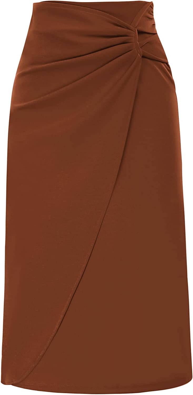 Kate Kasin Women's Knot Side Ruched Elegant Midi Skirt High Waist Business Casual Skirts