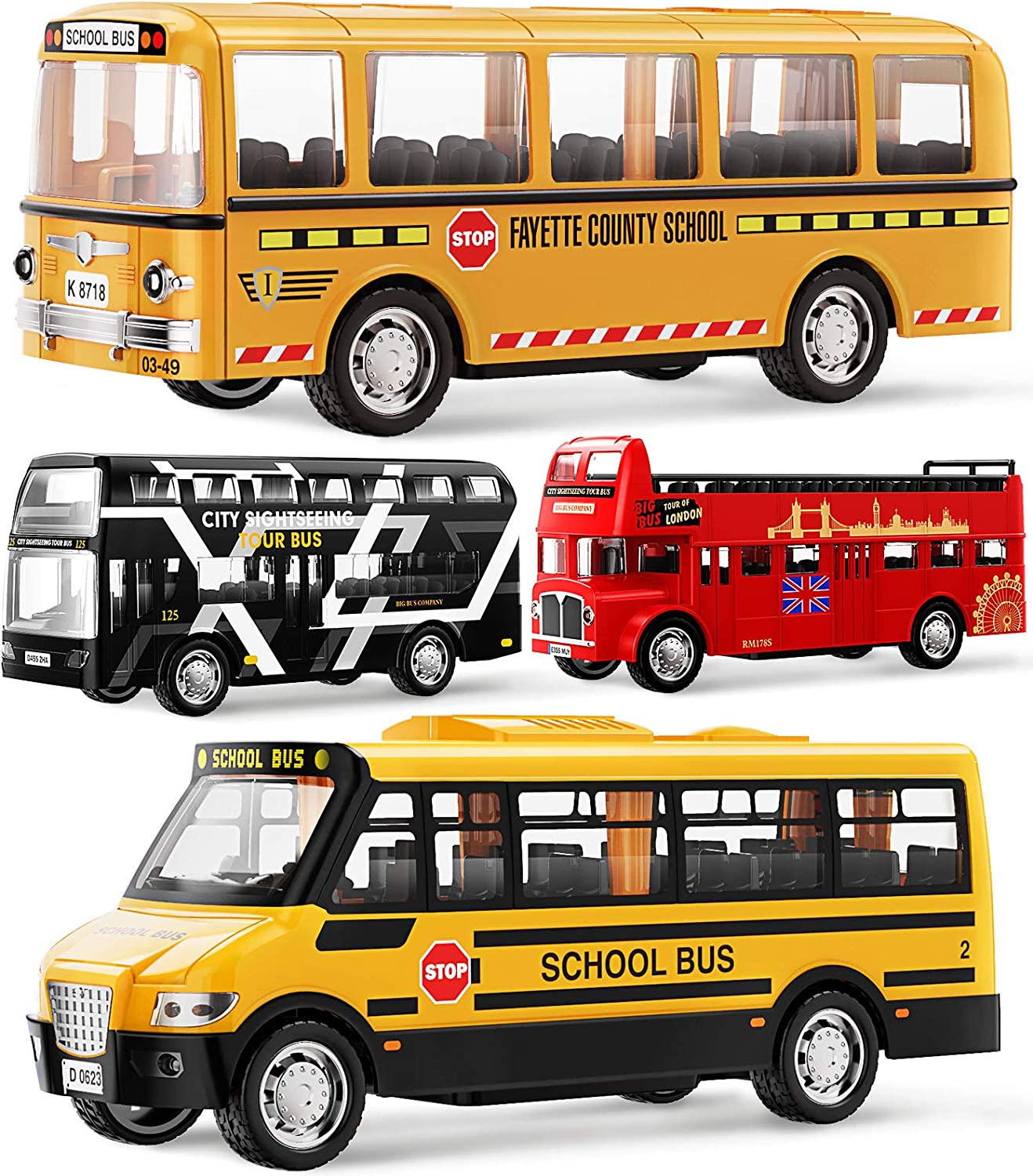 Geyiie School Bus Toys for Boys, Metal Toy Cars Play Set, Pull and Push City Buses Car Vehicles Gift for Collectors Girls Kids Toddler 3 4 5 6 7, Party Favor Preschool Toy