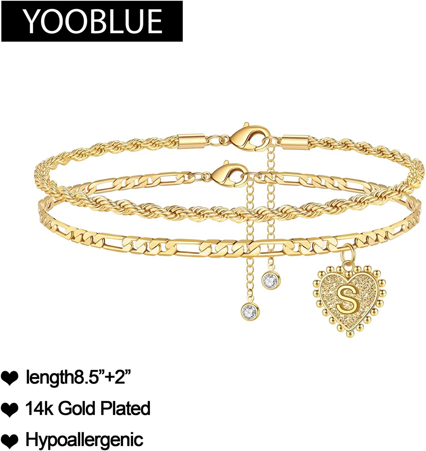Yooblue Initial Ankle Bracelets for Women - 14K Gold Filled Dainty Heart Initial Anklet Foot Jewelry Gold Anklets for Women Teen Girls Summer Gifts