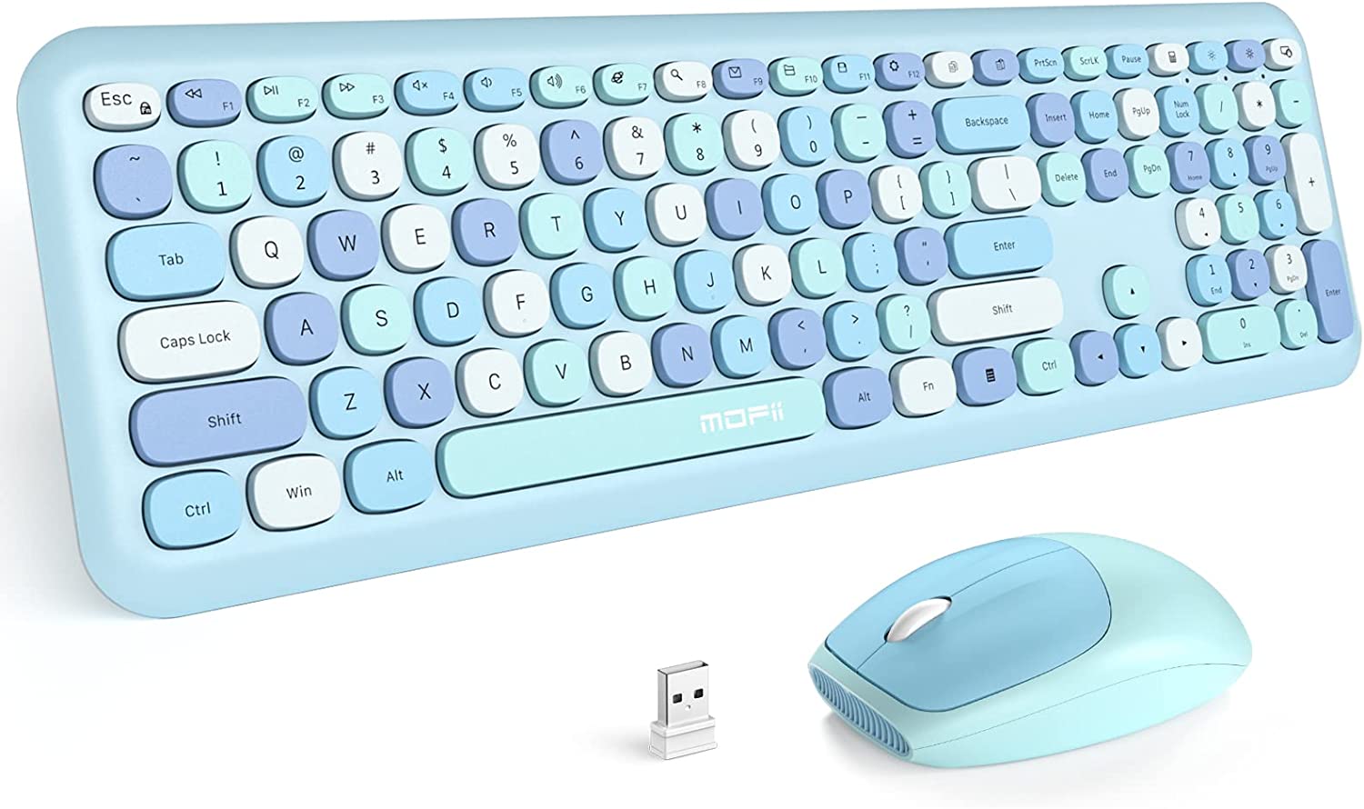 MOFII Wireless Keyboard and Mouse Combo, Blue Retro Keyboard with Round Keycaps, 2.4GHz Dropout-Free Connection, Cute Wireless Mouse for PC/Laptop/Mac/Windows XP/7/8/10 (Blue-Colorful)