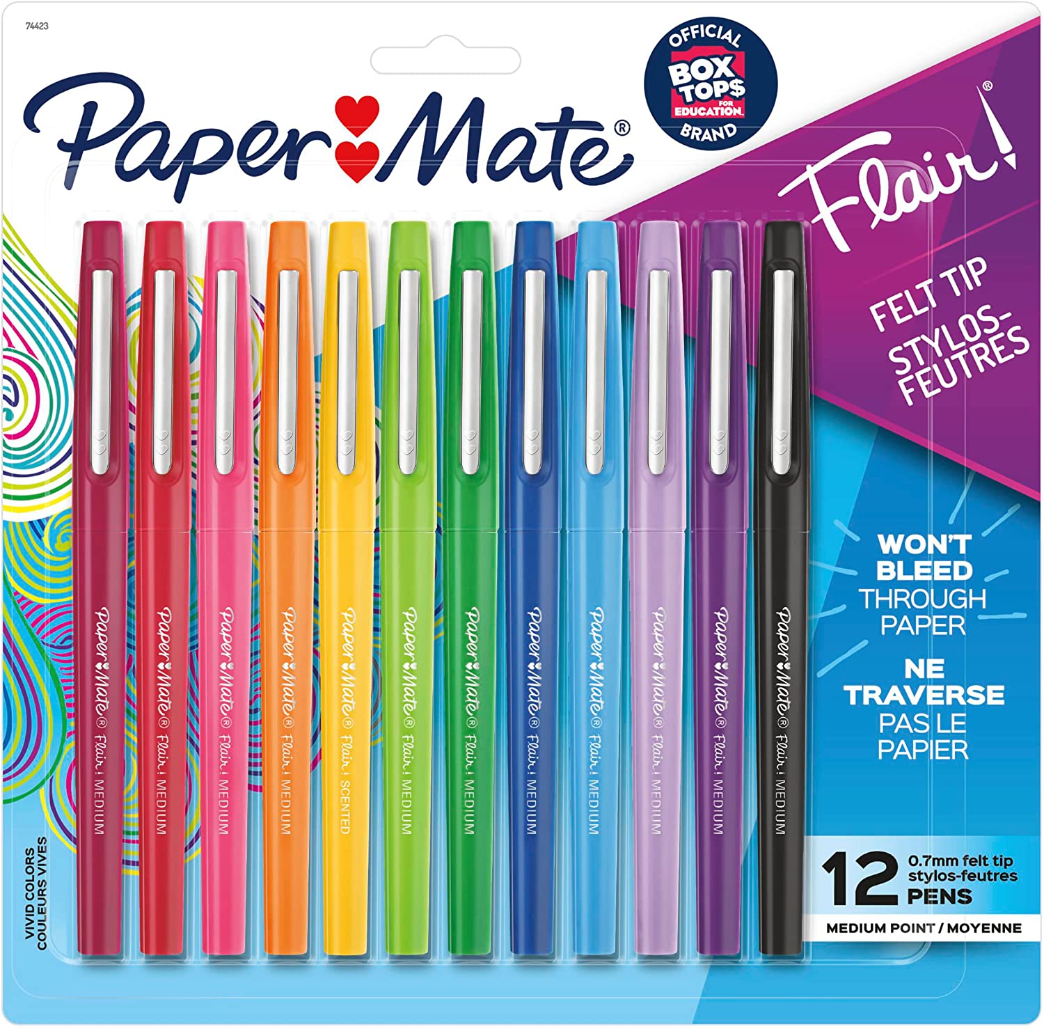 Paper Mate Flair Felt Tip Pens, Medium Point (0.7mm), Assorted Colors, 12 Count
