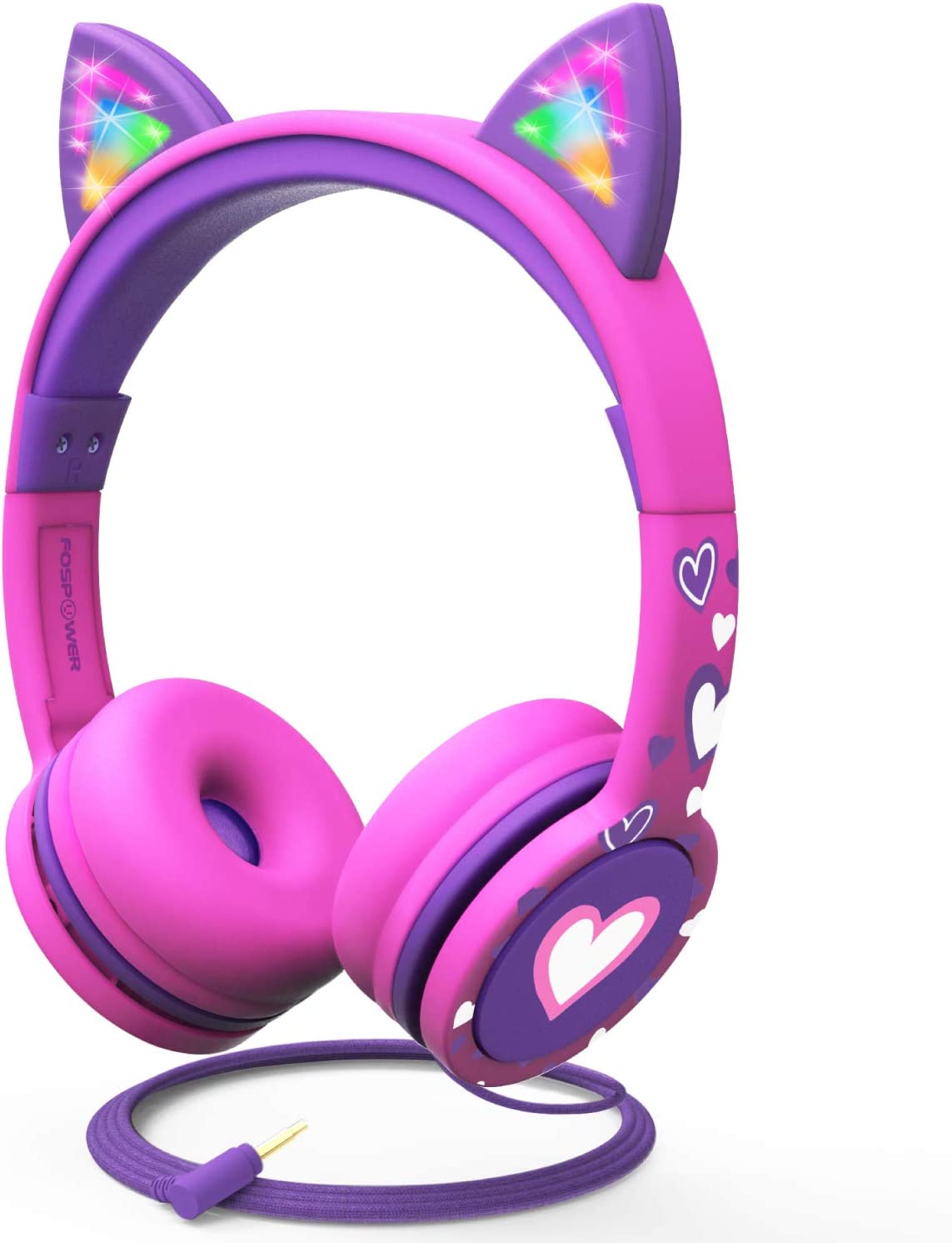 FosPower Kids Headphones with LED Cat Ears， 3.5mm On-Ear Wired Headset with Laced Cables for iPad/Smartphones/PC/Kindle/Tablet/Laptop/School (Max Volume 85dB) - Hot Pink/Purple