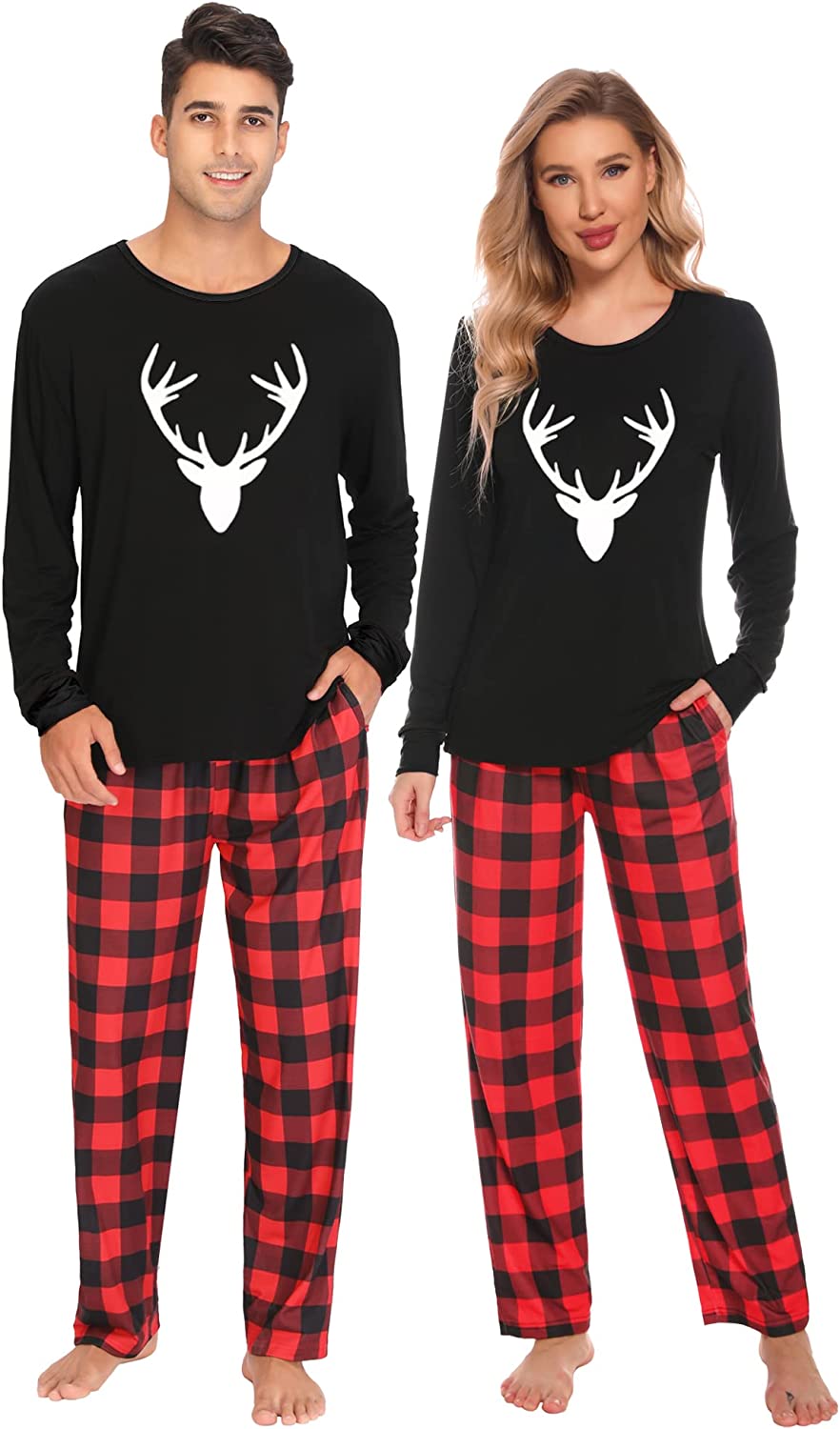 SWOMOG Couple Pajamas Set Christmas Matching Pjs Long Sleeve Set Xmas Printed Pajamas for Men&Women Plaid Pants with Pockets