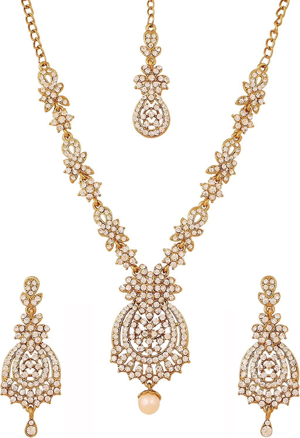 Touchstone Indian Bollywood Gorgeous intricate Workmanship Sparkling Rhinestone crystal wedding Designer Jewelry Necklace Set In Gold or Silver Tone For Women.