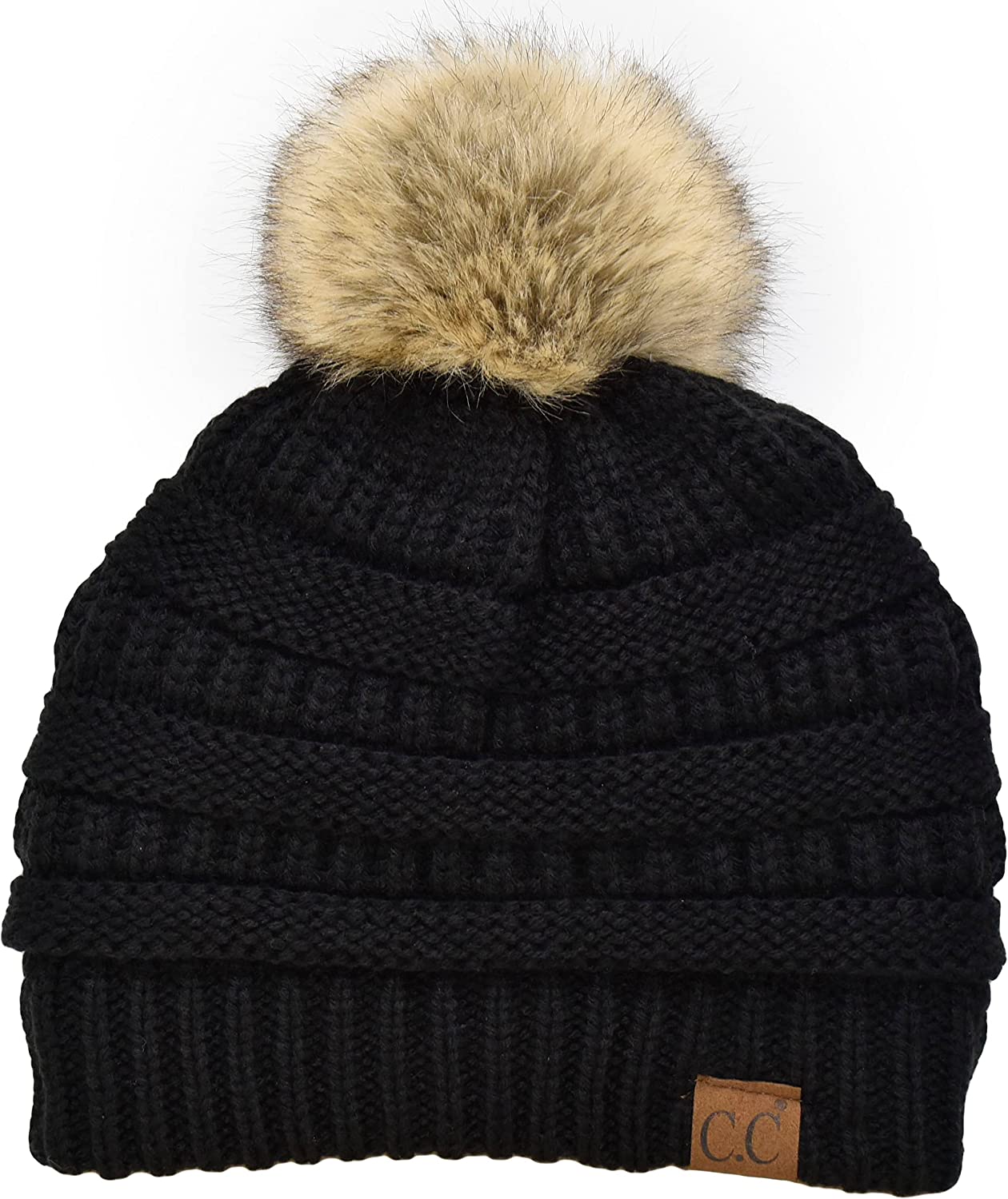 C.C Trendy Warm Soft Stretch Cable Knit Ribbed Faux Fur Pom Pom Fuzzy Sherpa Fleece Lined Skull Cap Cuff Beanie Hat