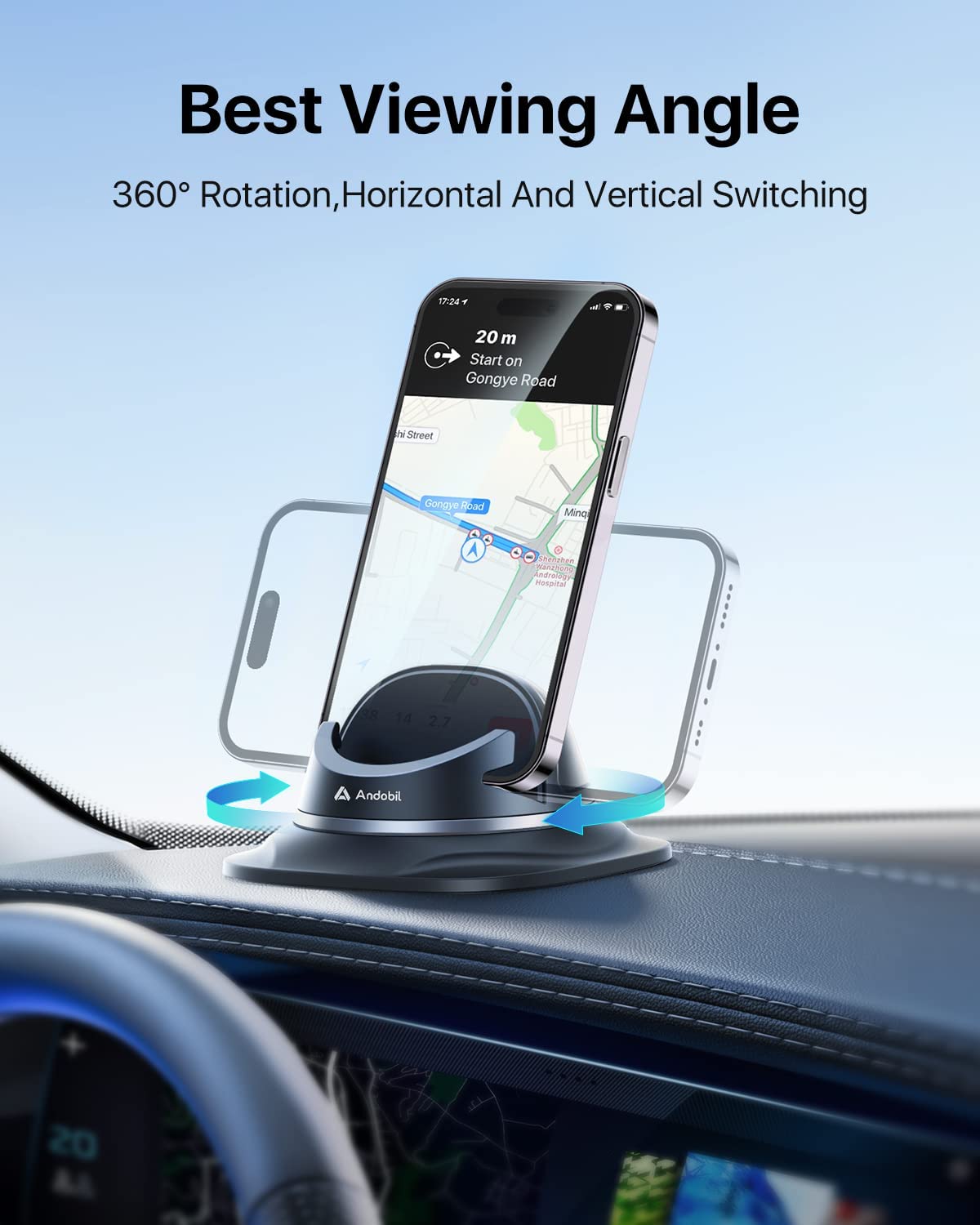 andobil 2023 Upgraded Dashboard Phone Holder Car， [ Ultra Steady，Never Slip ] Reusable Silicone Phone Mount for Car， 360°Rotatable，Compatible for iPhone， Samsung， Smartphone， GPS