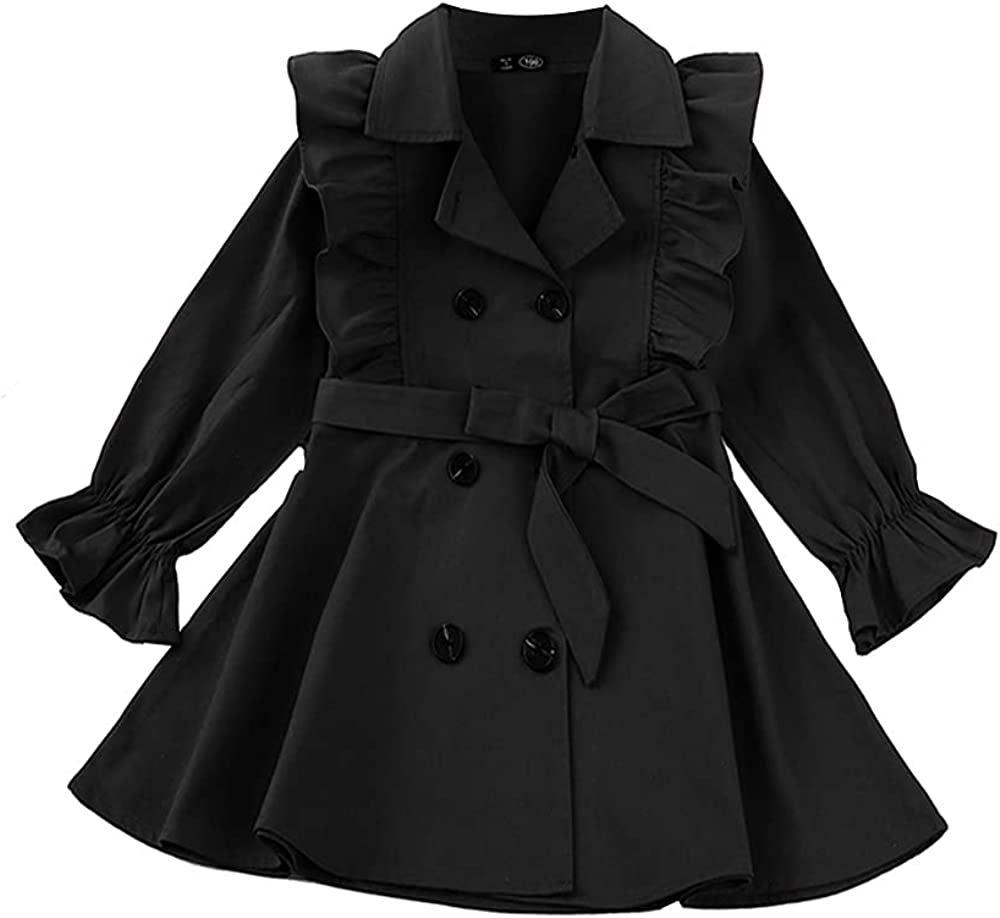 IZYJOY Toddler Baby Girl Fall Trench Coat Double Breasted Ruffle Trim Belted Winter Long Sleeve Casual Windbreaker Jacket