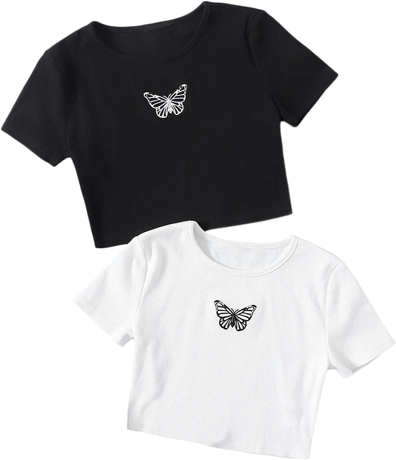Romwe Girl's 2 Pack T Shirt Graphic Butterfly Print Short Sleeve Crop Tops
