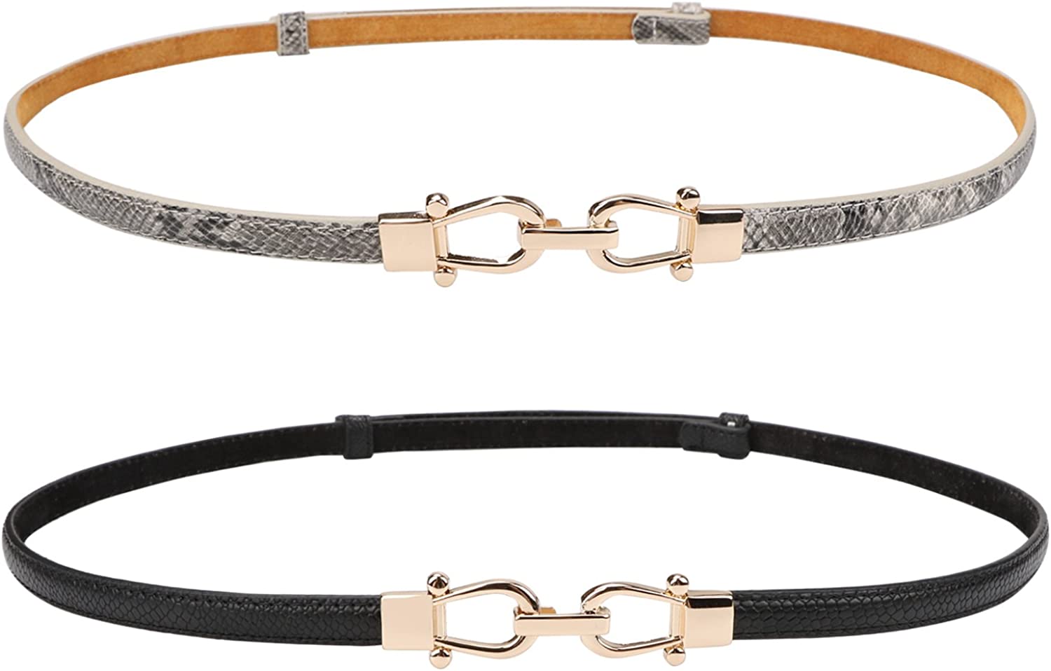 JASGOOD Leather Skinny Women Belt Thin Waist Belts for Dresses up to 37 Inches with Golden Buckle 2 Pack
