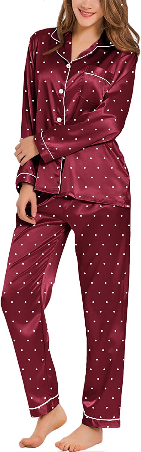 SWOMOG Womens Silk Satin Pajamas Loungewear Two-piece Sleepwear Button-Down Pj Set